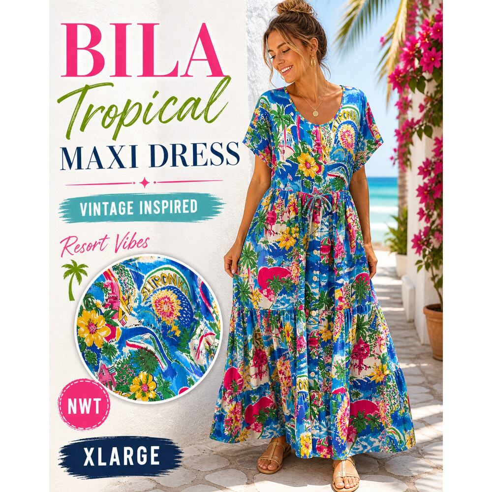 BILA Tropical Midi Dress XL Vintage Inspired Resort Palm Beach Coastal NWT